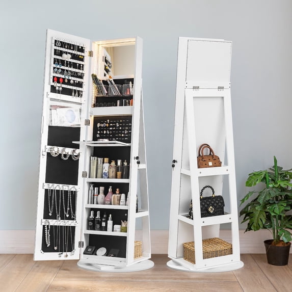 Hassch Full Length Mirror Jewelry Cabinet 360° Swivel, Standing Mirror With Jewelry Storage, Lockable Jewelry Organizer with LED Lights (White)