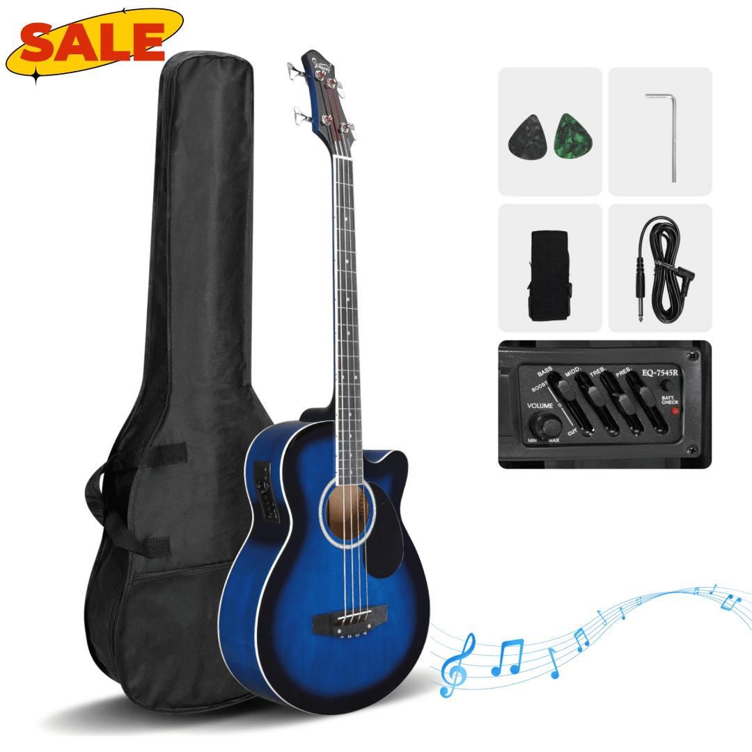 Hassch Full Size 4 String Acoustic Electric Guitar Beginner Kit with 4-Band Equalizer, Bag, Strap, Cable, Plectrum and Wrench Adjustment Tool, Blue