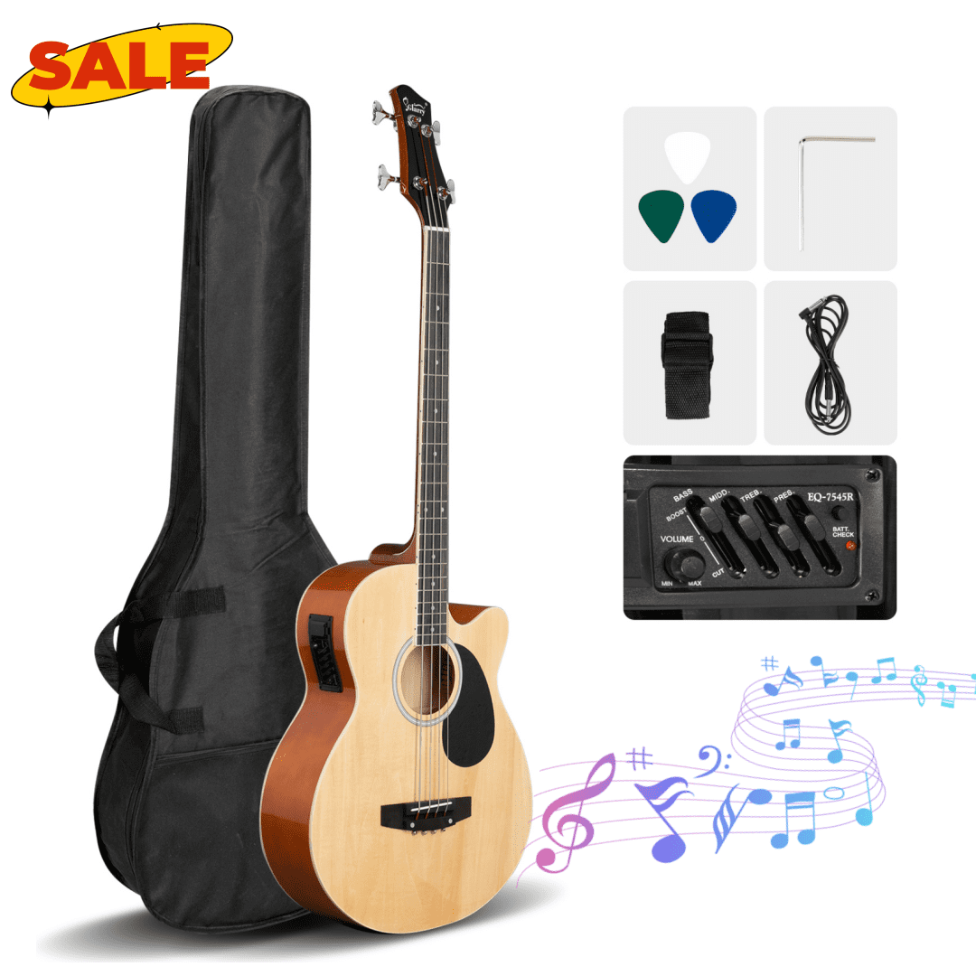Hassch Full Size Acoustic Electric Bass Guitar with 4-Band Equalizer, 4 String Bass Beginner Kit with Bag, Strap, Cable, Plectrum and Wrench Adjustment Tool, Burlywood