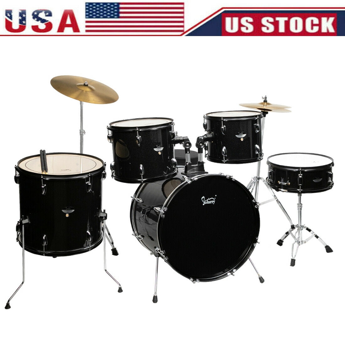 Hassch Full Size Adult Drum Set 5-Piece Black With Bass Drum, Two Tom Drum, Snare Drum, Floor Tom, 16" Ride Cymbal, 14" Hi-Hat Cymbals, Stool, Drum Pedal, Sticks