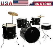 Hassch Full Size Adult Drum Set 5-Piece Black With Bass Drum, Two Tom Drum, Snare Drum, Floor Tom, 16" Ride Cymbal, 14" Hi-Hat Cymbals, Stool, Drum Pedal, Sticks