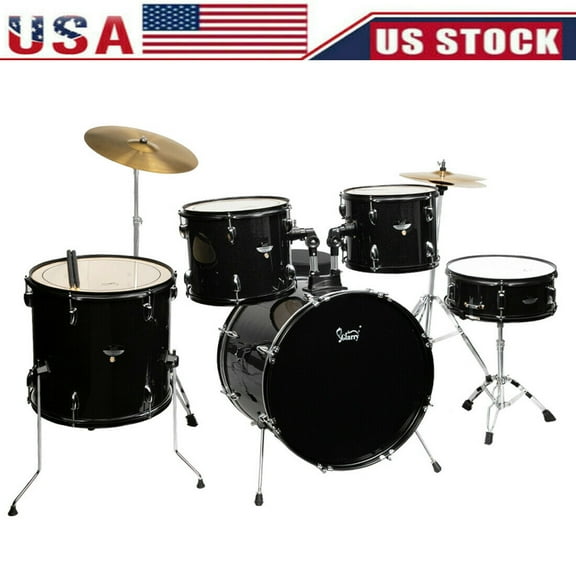Hassch Full Size Adult Drum Set 5-Piece Black With Bass Drum, Two Tom Drum, Snare Drum, Floor Tom, 16" Ride Cymbal, 14" Hi-Hat Cymbals, Stool, Drum Pedal, Sticks