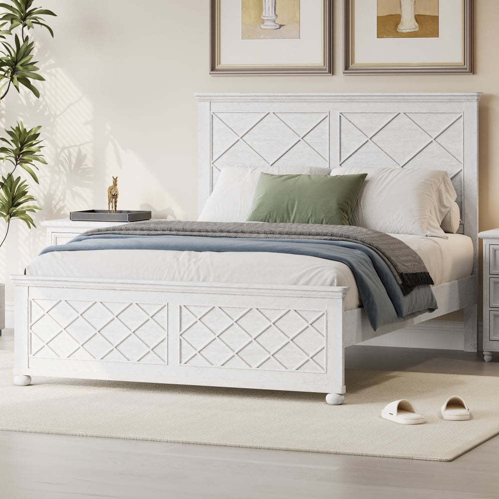 Antique White Full Size Pine Wood Platform Bed with Slatted Headboard