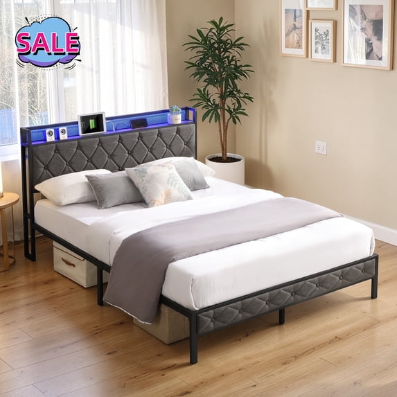 Hassch Full Size Upholstered Platform Bed with LED Lights and Charging Station, Bed Frame with Storage Headboard, Metal Slats Support, No Box Spring Needed, Gray