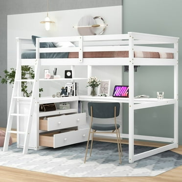Hassch Full Size Wooden Loft Bed with Desk and Shelves,Two Built-in Drawers,White