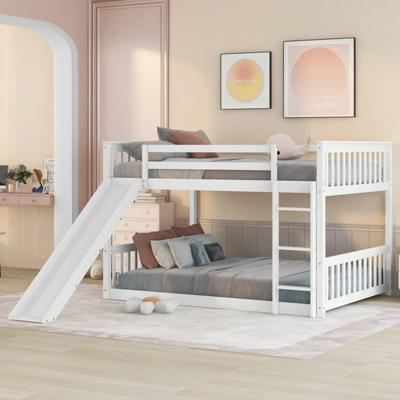 Hassch Full over Full Wooden Bunk Bed with Slide and Ladder, White