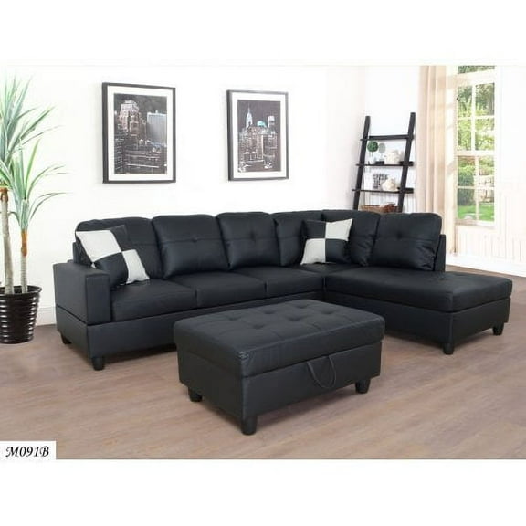 Hassch Futon 3 PC Sectional Sofa Set with Storage Ottoman,Black