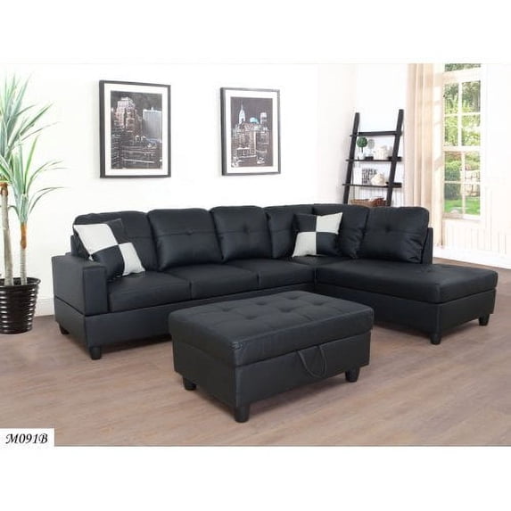 Hassch Futon 3 PC Sectional Sofa Set with Storage Ottoman,Black