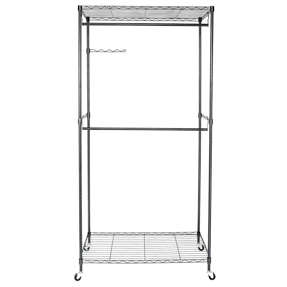 Heavy Duty Rolling Clothes Rack With Shelf – Freestanding Bamboo Garment Organizer
