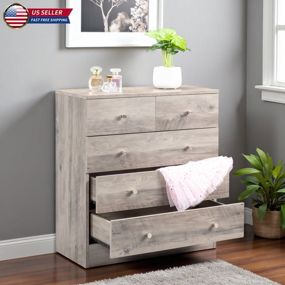 Hassch Gray 5-Drawer Dresser, Modern Farmhouse Vertical Storage Organizer with Anti-Tipping, for Bedroom Family Room (25.98"L x 12.99"W x 28.74"H)