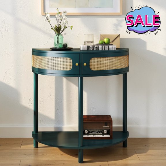 Hassch Half Moon Shaped Console Table, Small Entryway Table with Rattan Doors, Modern Sofa Table with Open Shelf for Living Room, Hallway, Antique Green