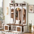 thumbnail image 1 of Hassch Hall Tree with Bench, 76.7"H Coat Rack with Hutch and Hanging Hooks, Shoe Rack with Adjustable Shelves and 2 Storage Drawers for Entryway Hallway, Space Saving, Brown & White, 1 of 9