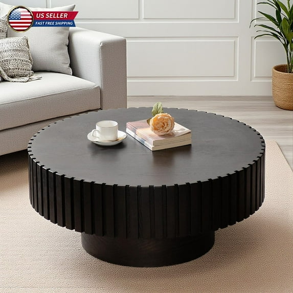 Hassch Handcrafted Round Coffee Table, 31.5" Accent Circle Center Table with Gear Grooves and Relief Details, Easy Assembly, Walnut