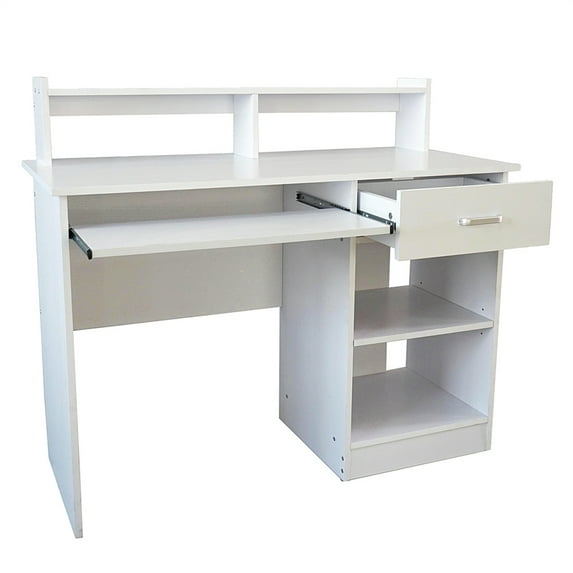 Hassch Home Office Computer Writing Desk with 1 Drawer, 2-layers Storage Shelves, White