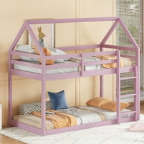 Hassch House Shaped Floor Bunk Bed, Twin over Twin Size Rubber Wood Bed Frame with Roof, Ladder and Safety Guardrails, No Box Spring Needed, Pink