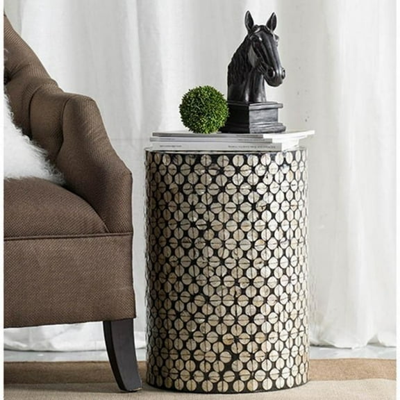 Hassch Industrial 14 Inch Cylindrical Wood Side Table, Fully Assembled Garden Stool, Capiz Shell Patterns Decorative Accent End Table for Living Room Balcony (Black+Gold)