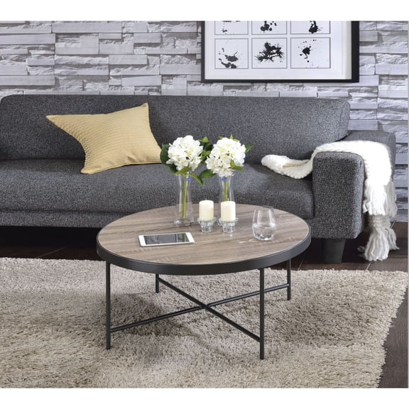 Hassch Industrial Coffee Side Table with Metal Frame Round Cocktail Table for Living Room, Black & Oak