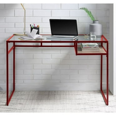 Hassch Industrial Writing Desk Study Computer Table Glass Desktop with Storage Shelf, Red