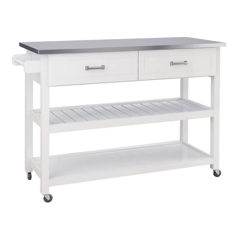 Hassch Kitchen Island with 2 Drawers Stainless Steel Table Top Storage Cabinet on Wheels, White