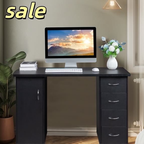 Hassch Laptop Table with 4 Drawers, Computer Table with Door for Living Room Office, Manicure Table, 47.2"L x 21.3"W x 31.9"H, Black