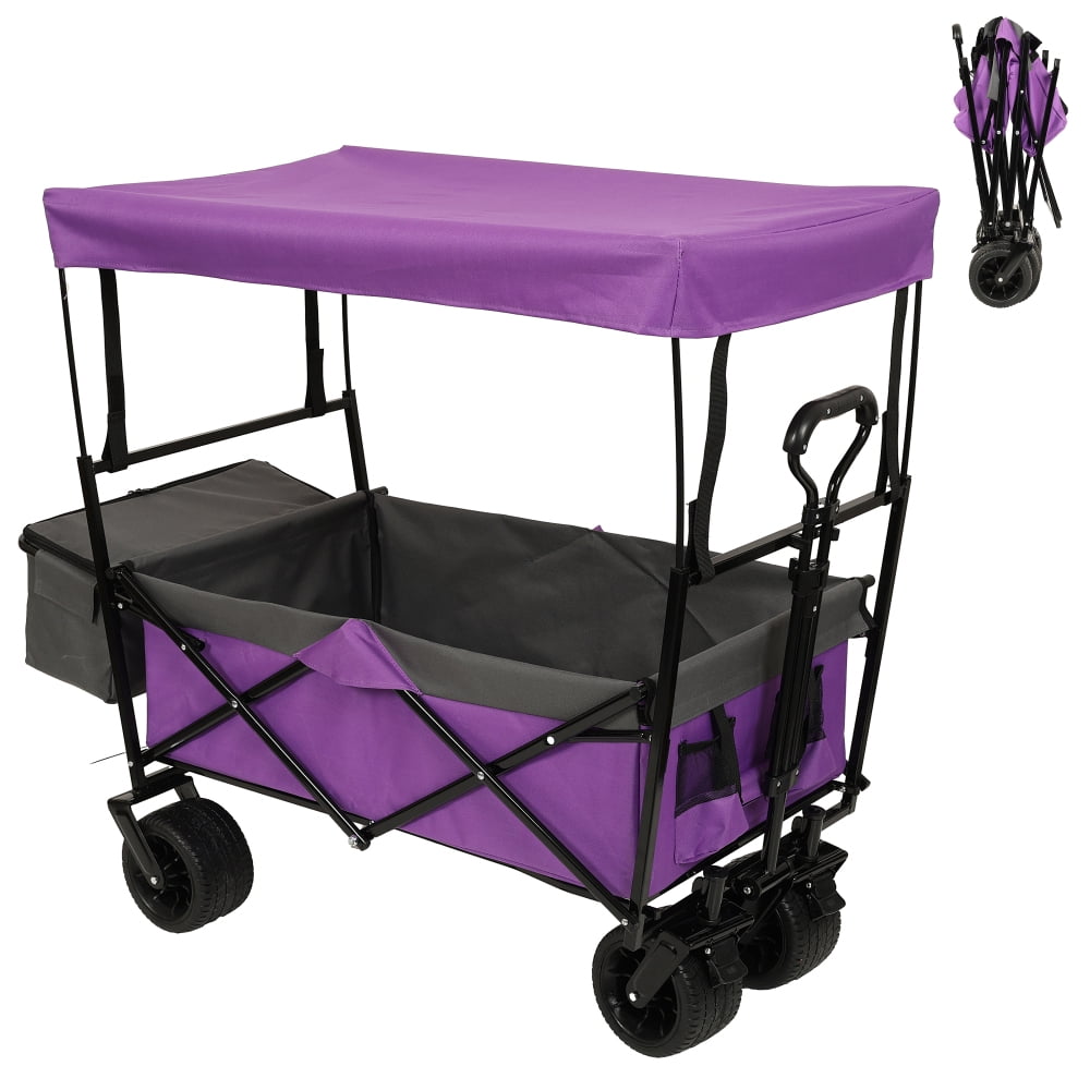 Hassch Large Collapsible Wagon w/Removable Canopy, 480lbs Foldable Garden Cart with All-Terrain Wheels, Heavy Duty Outdoor Utility Camping Beach Stroller with Adjustable Handle and Cooler Bag, Purple