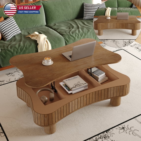 Hassch Lift-Top Coffee Table with Hidden Storage, 42" Living Room Center Table with Fluted Panels, and Safety Curved Corners - Walnut