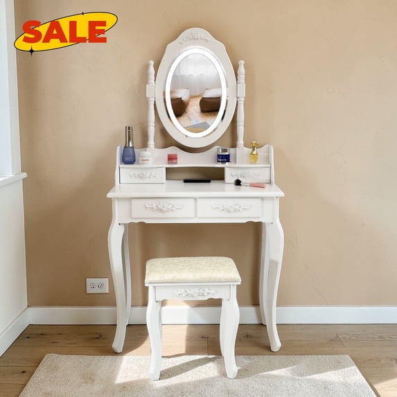 Hassch Makeup Vanity Table with Lighted Mirror and Cushioned Stool, Modern Dressing Table with 4 Drawers, Easy Assembly, White