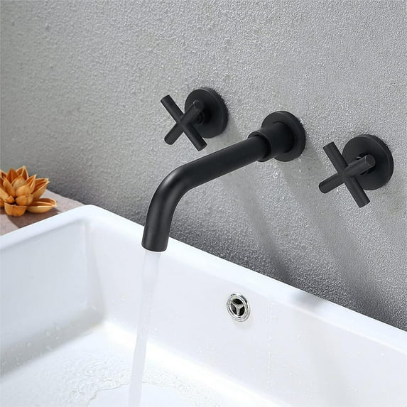 Hassch Matte Black Bathroom Faucet, Double Handle Wall Mount Bathroom Sink Faucet and Rough-in Valve Included