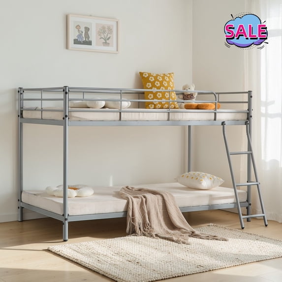 Hassch Metal Bunk Bed Twin Over Twin Size, Bed Frame with Inclined Ladder and Safety Guardrail, Easy Assembly, Gray