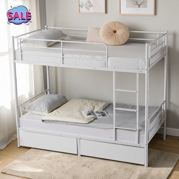 Hassch Metal Bunk Bed Twin Over Twin Size with 2 Storage, Can be Divided Into Two Daybeds, Bed Frame with Safety Guardrail and Ladder, No Box Spring Needed, White