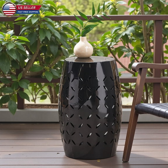 Hassch Metal Drum Side Table - Black Iron Accent Table with Laser-Cut Geometric Motifs, Accent Table for Patio, Garden, Outdoor or Indoor Use
