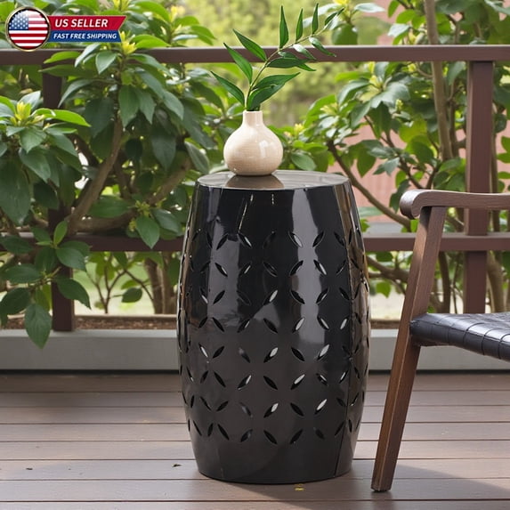 Hassch Metal Drum Side Table - Black Iron Accent Table with Laser-Cut Geometric Motifs, Accent Table for Patio, Garden, Outdoor or Indoor Use