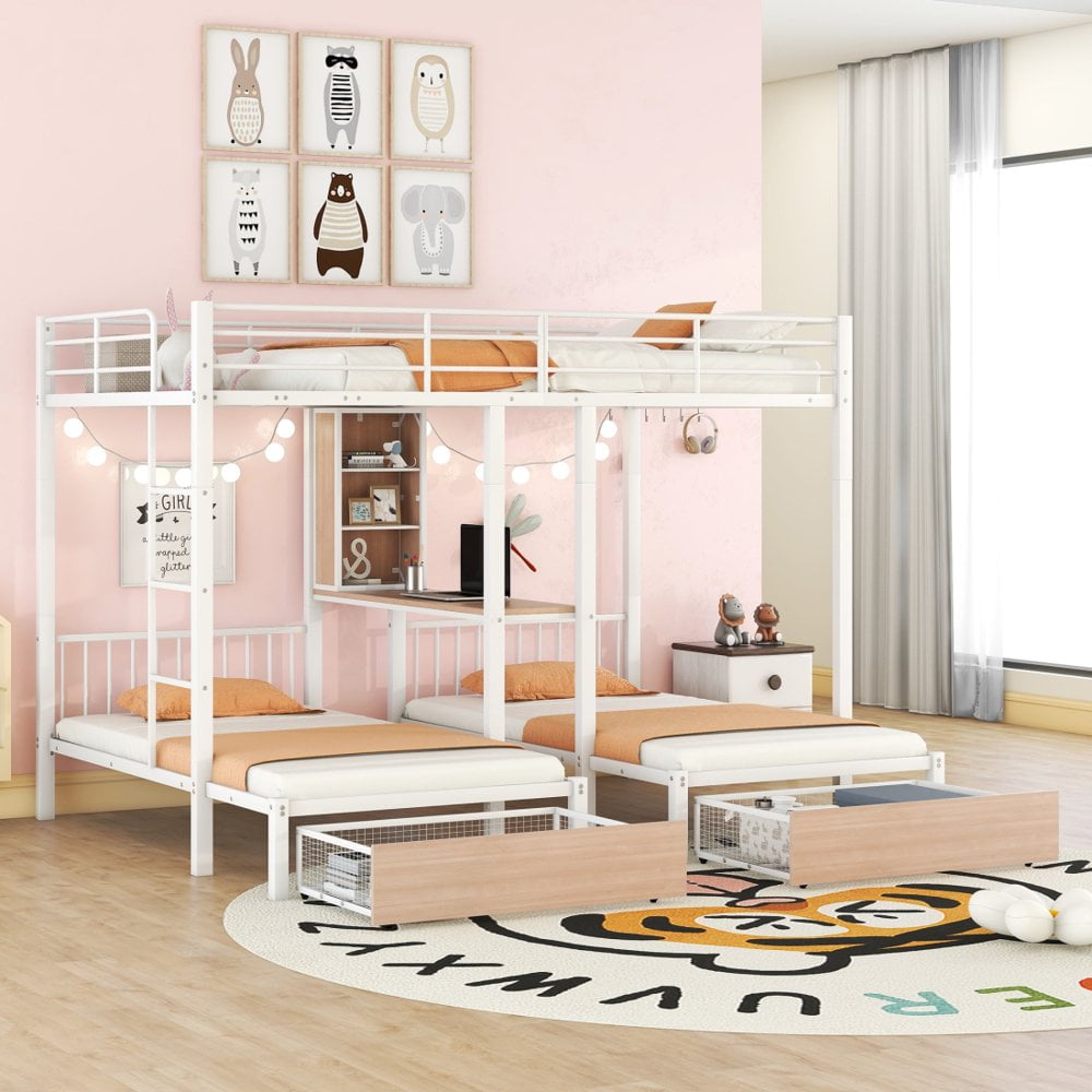 White Metal Triple Bunk Bed with Storage Drawers and Desk
