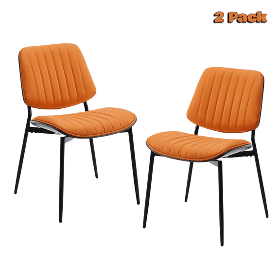 Hassch Mid-Century Dining Room Chairs Set of 2, Faux Leather Upholstered Kitchen Chairs with Curved Back & Seat, Sturdy Metal Legs, Orange