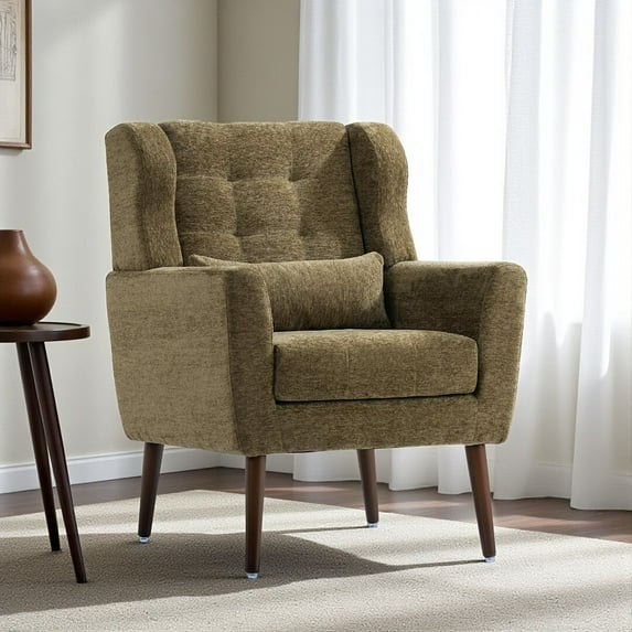 Hassch Mid Century Modern Chenille Wingback Chair with Solid Wood Legs, Ergonomic Accent Armchair with Waist Pillow for Living Room, Bedroom, Small Space (Olive Green)