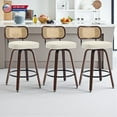 thumbnail image 1 of Hassch Mid-Century Modern Swivel Barstools Set of 3, Upholstered PU Leather Seat with Cane Back, Wooden Legs & Metal Foot Ring, 25.6" Seat Height (Beige), 1 of 9