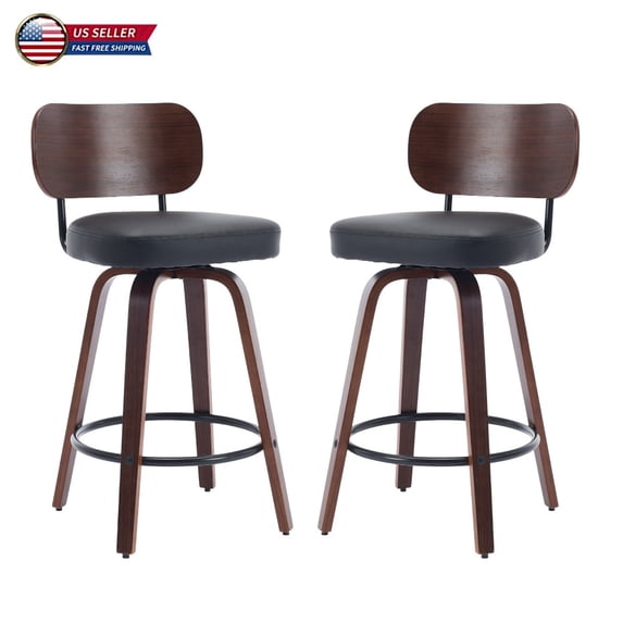 Hassch Mid-Century Swivel Counter Bar Stools Set of 2, Black Faux Leather Upholstered Seat with Walnut Curved Back & Bentwood Legs & Metal Footrest for Kitchen Island, Dining Room
