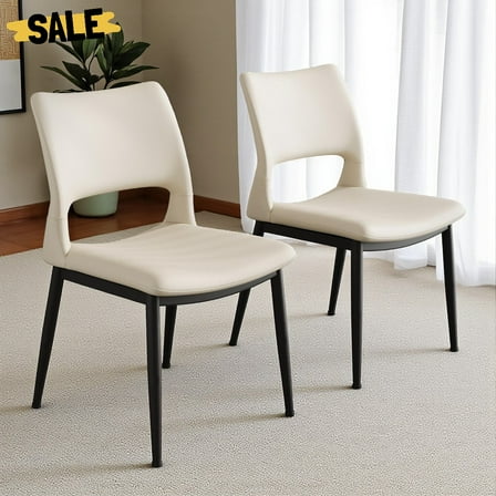 Hassch Minimalist Upholstered Dining Chairs 2 Pack, White Faux Leather Accent Side Chairs with Sturdy Black Metal Frame, for Kitchen, Living/Dining Room