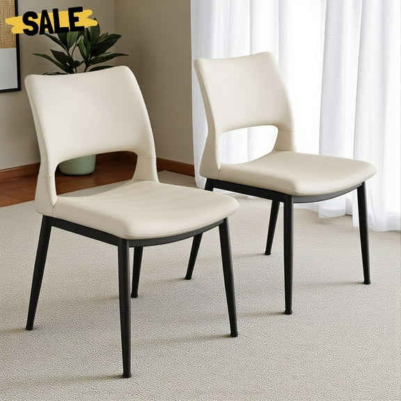 Hassch Minimalist Upholstered Dining Chairs 2 Pack, White Faux Leather Accent Side Chairs with Sturdy Black Metal Frame, for Kitchen, Living/Dining Room