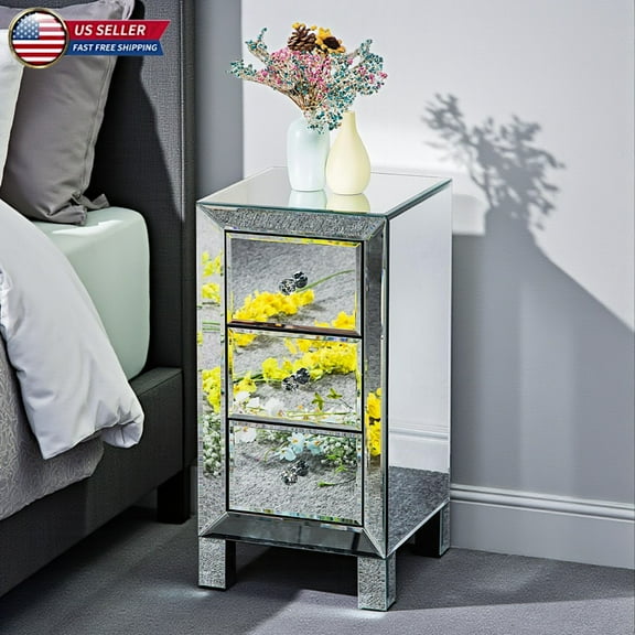 Hassch Mirrored 3-Drawer Nightstand, Modern Glamorous Cabinet Bedside Table with Crystal Knobs, for Bedroom, Living Room, Easy Assembly, Silver