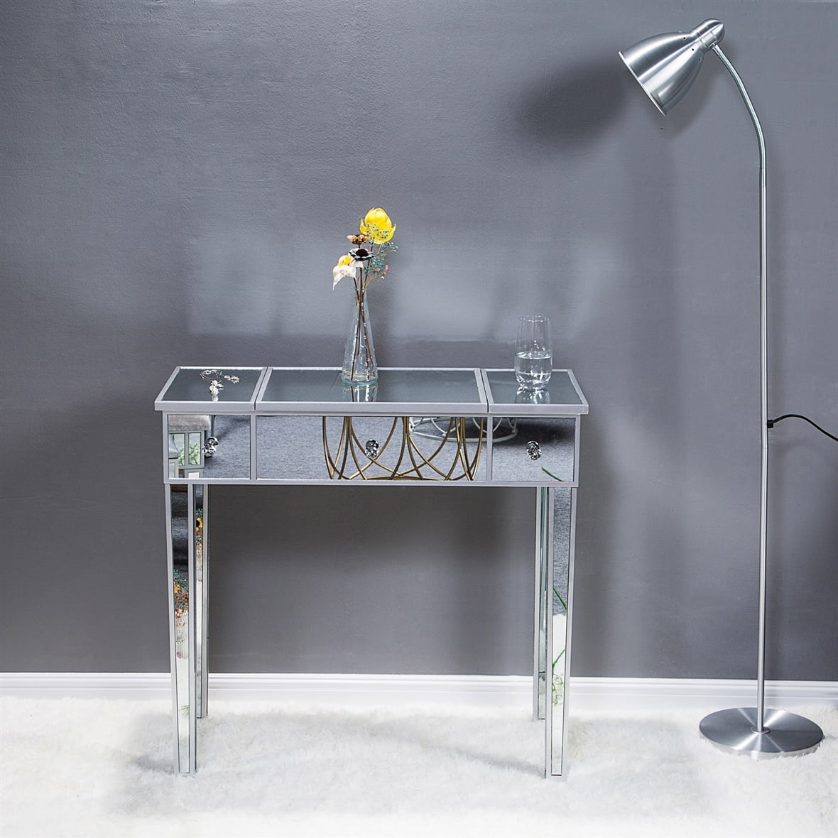 Hassch Mirrored Vanity Desk with Flipped Desktop, 3-Drawers Computer ...