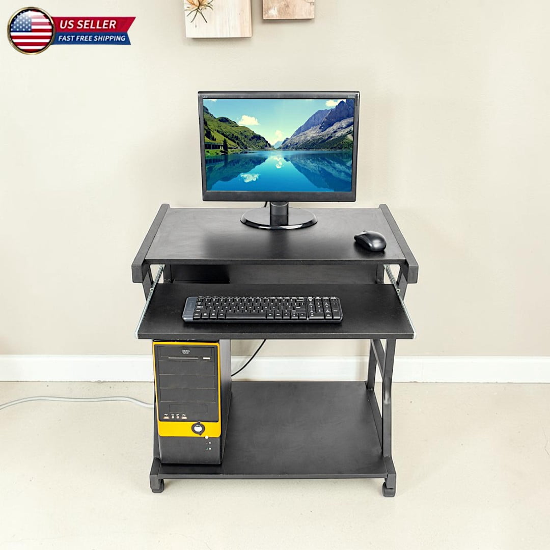 Hassch Mobile Computer Desk with Keyboard Tray and Storage Shelf, 27.55" Small Rolling Writing Desk on Casters for Home Office, Bedroom and Small Spaces, Black
