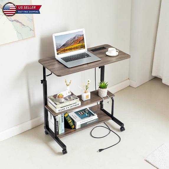 Hassch Mobile Computer Workstation with USB Ports & AC Outlets, 31.5-Inch Compact Laptop Desk with Storage Shelves and 2 Side Hooks, 26.4"-41.5" Height Adjustable, Gray Oak