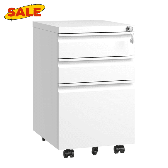 Hassch Mobile File Cabinet with Lock, Metal Filing Cabinet with 3 Storage Drawers for Letters/Legal/A4, Fully Assembled Except Wheels, White