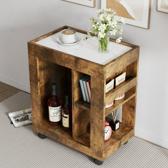 Hassch Mobile Side Cabinet with Open Storage Shelves and Rolling Wheels, Kitchen Accent Serve Buffet Table Dining Trolley with Handle/Towel Rack and Magazines Holder Rack, Rustic Brown