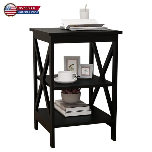 Hassch Modern 3-Tier Accent Table, Black MDF Storage Side Table with X-Shaped Frame, Multi-Functional End Table for Sofa, Bedroom, Home Office, Easy Assembly - 15.75"L x 15.75"W x 24.02"H