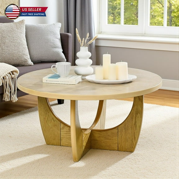 Hassch Modern 36" Round Coffee Table in Oak Finish, Farmhouse Living Room Centerpiece Table with Cross Base Design, Easy Assembly