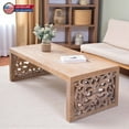 thumbnail image 1 of Hassch Modern Boho Coffee Table in Natural Wood Finish, Traditional Rectangular Center Table with Intricate Carved Panels, Easy to Assemble, 1 of 7