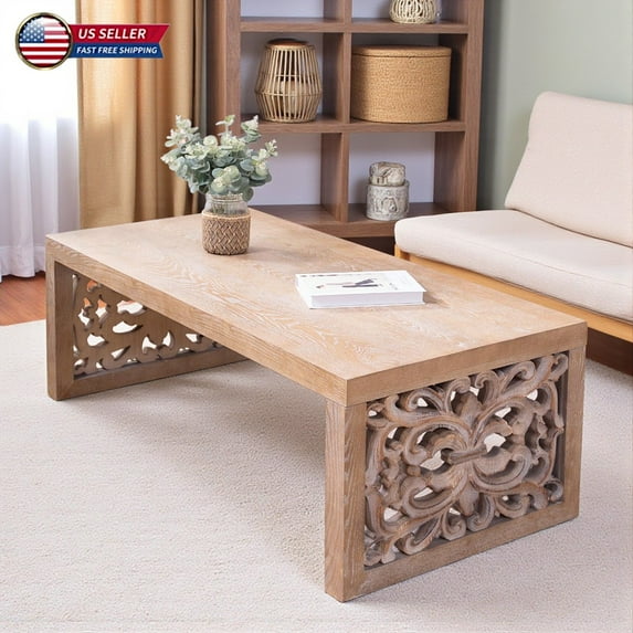 Hassch Modern Boho Coffee Table in Natural Wood Finish, Traditional Rectangular Center Table with Intricate Carved Panels, Easy to Assemble