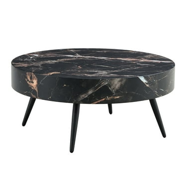 Hassch Modern Coffee Table in Black Marbling Finish, Circle Center Table for Living Room, Wooden Cocktail Tea Table with Metal Legs, 31.5"Dia x 13.9"H